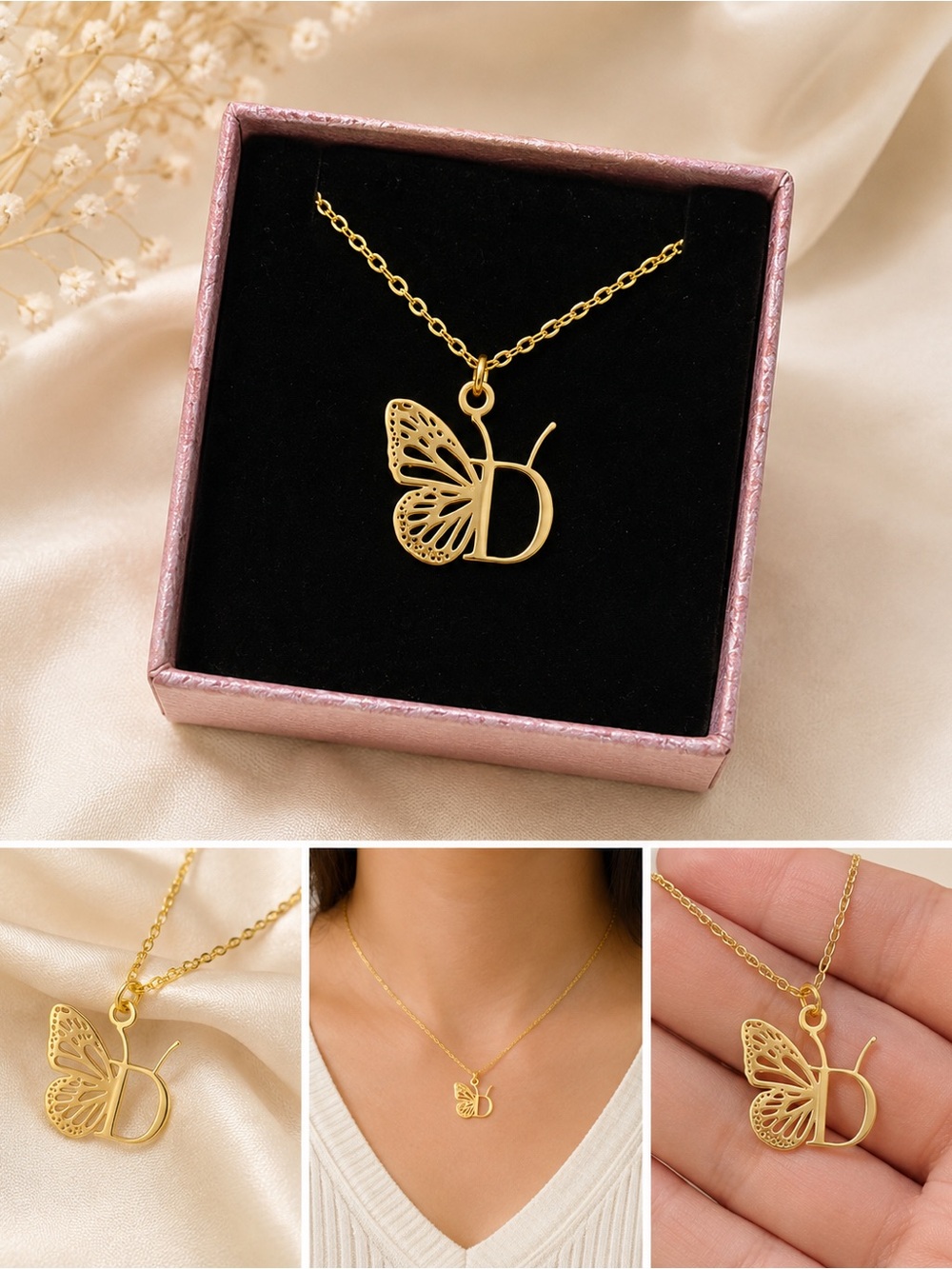Gold Butterfly Initial D Necklace - Women's Jewelry